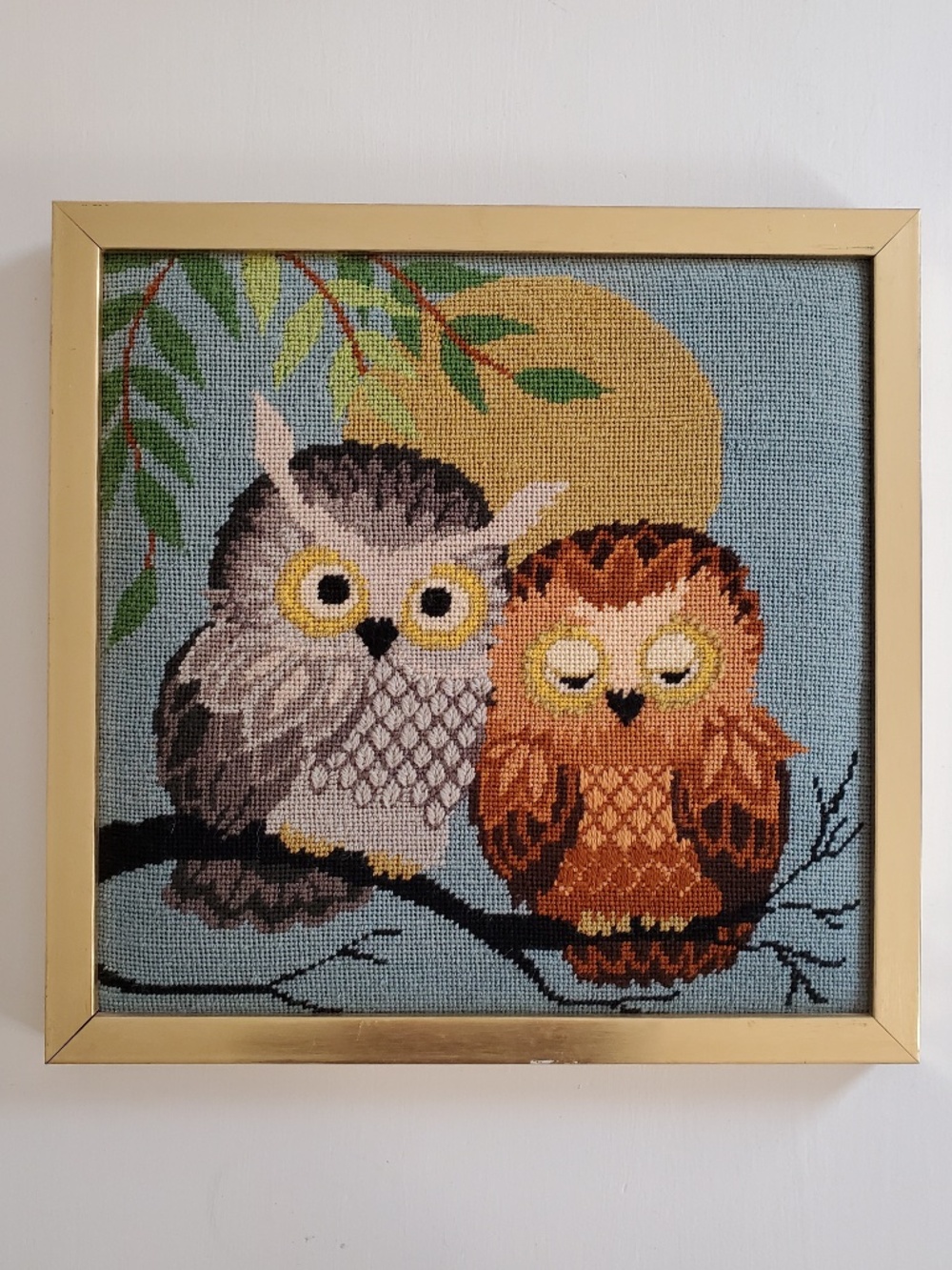 Vintage needlepoint owl couple wall hanging, good condition